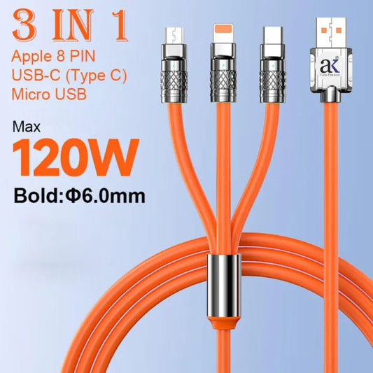 3 in 1 120W 6A Fast Charging Type C Cable Micro USB